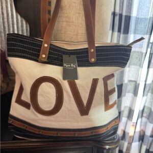 Myra Bag White and Brown Tote with LOVE Design